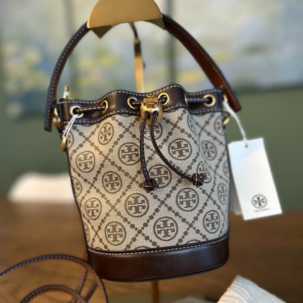 NWT! NEW Tory Burch T Monogram Jacquard Mini Bucket Bag -Tan -leather trim
